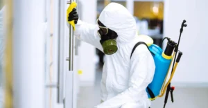 electrostatic+sprayer person wearing hazmat suit disinfecting a door